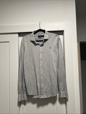 Ralph Lauren Light Gray Long-Sleeve Knit Button-Down Shirt